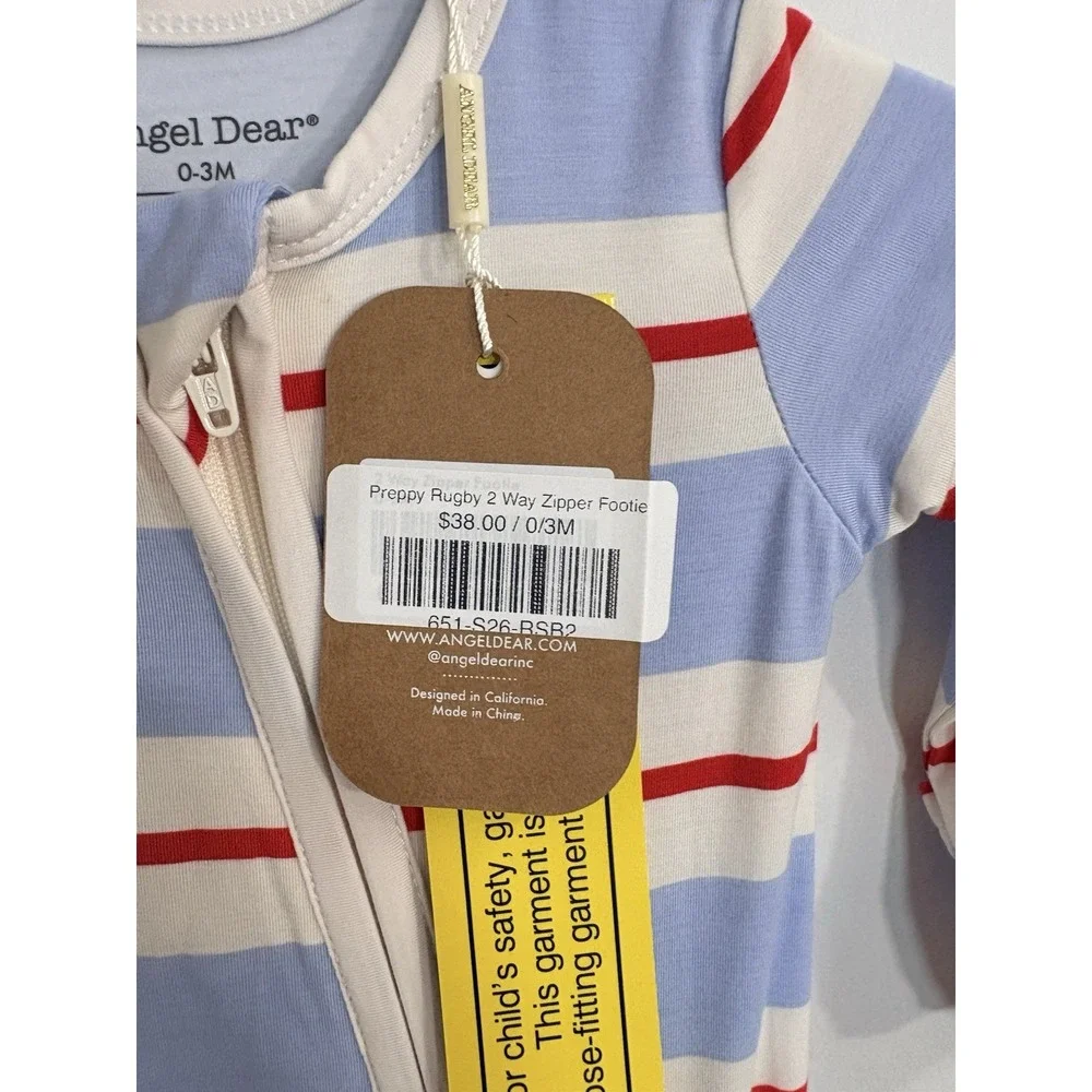 Angel Dear Baby Boy 0–3M Blue Red Stripe Zipper Footie Pajamas NWT Bamboo